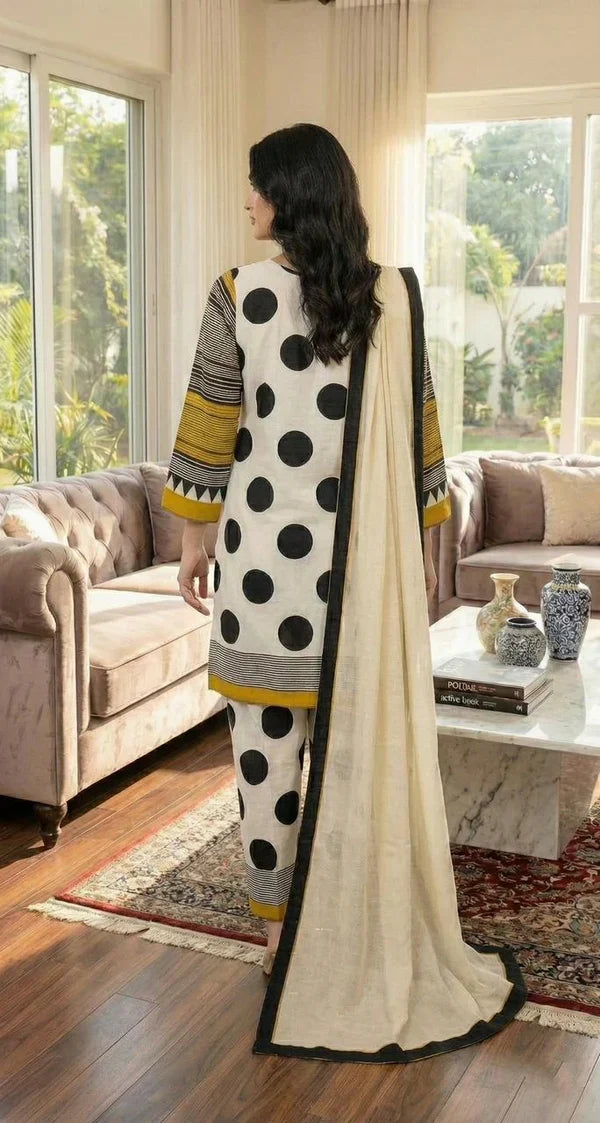 Polka Dot Printed 3pc Poly Lawn